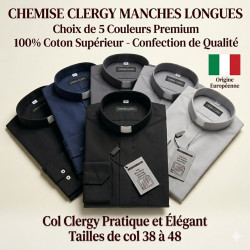 Chemise col clergy, manches longues, 100% coton. En noir, bleu, gris. Confection italienne. Pour prêtres, diacres.