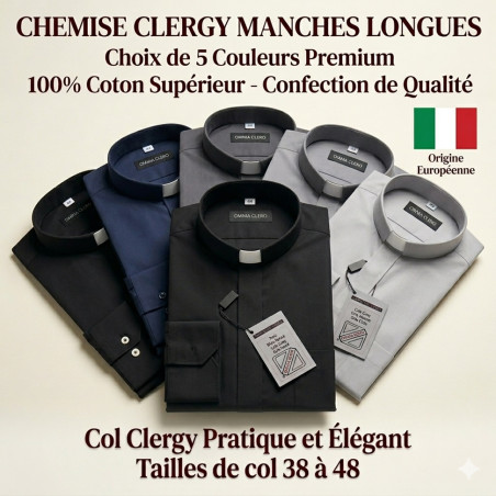 Chemise col clergy, manches longues, 100% coton. En noir, bleu, gris. Confection italienne. Pour prêtres, diacres.