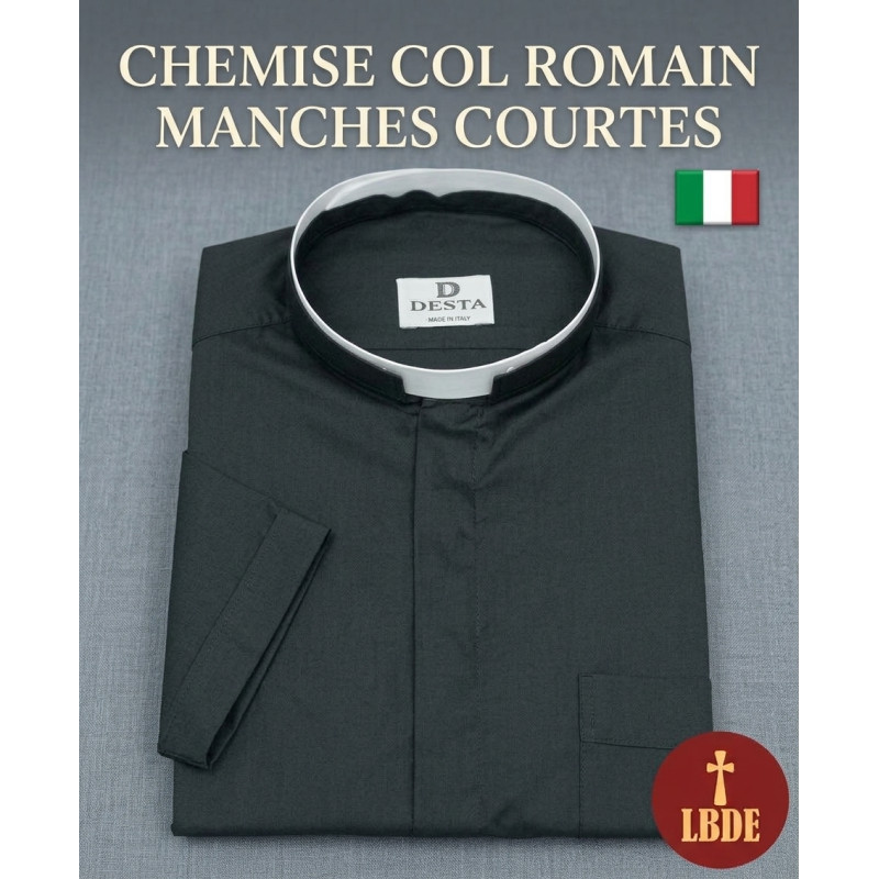 Chemise ecclésiastique à col romain, noire, manches courtes. Tissu mixte polyester/coton.