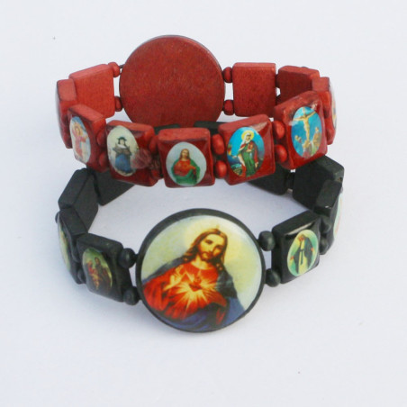 Bracelet "Sacré-Coeur et Saints", bois, noir ou brun