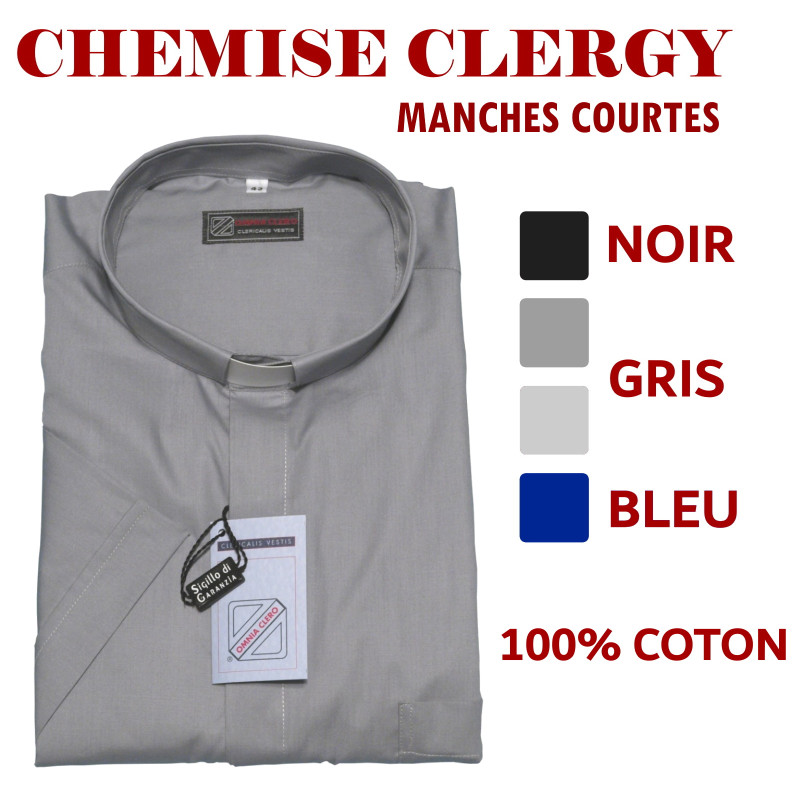 Chemise clergy - manches courtes (100% coton), noir, bleu, gris