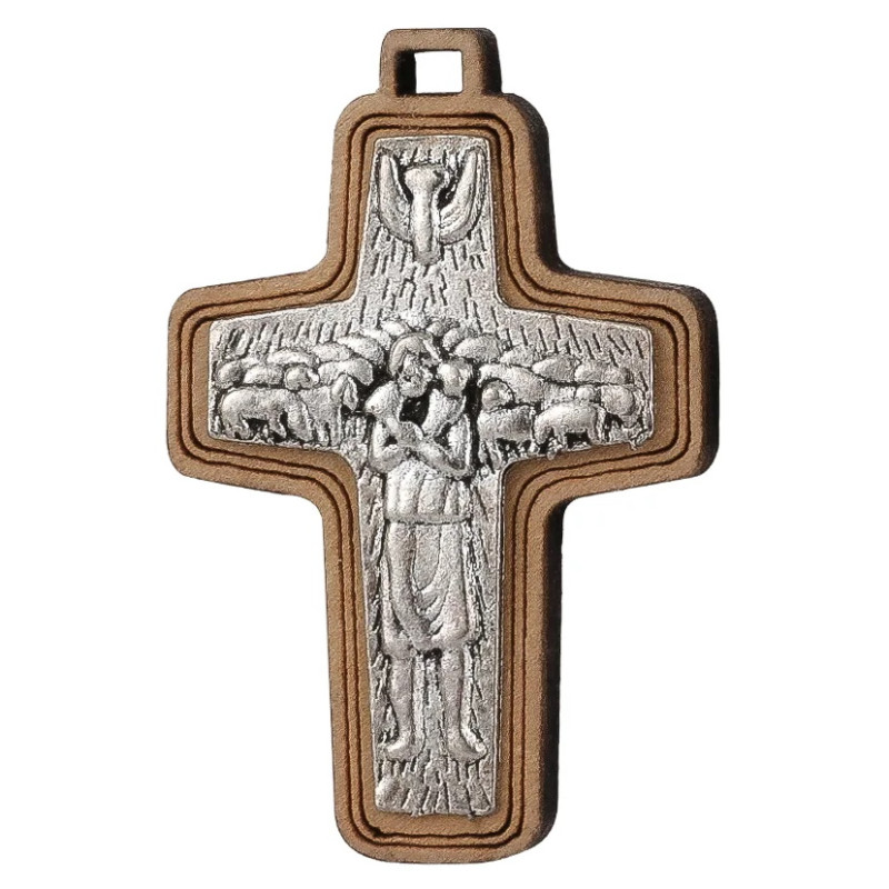 Croix Bon Pasteur "pape François" - bois et métal - 4,5 cm